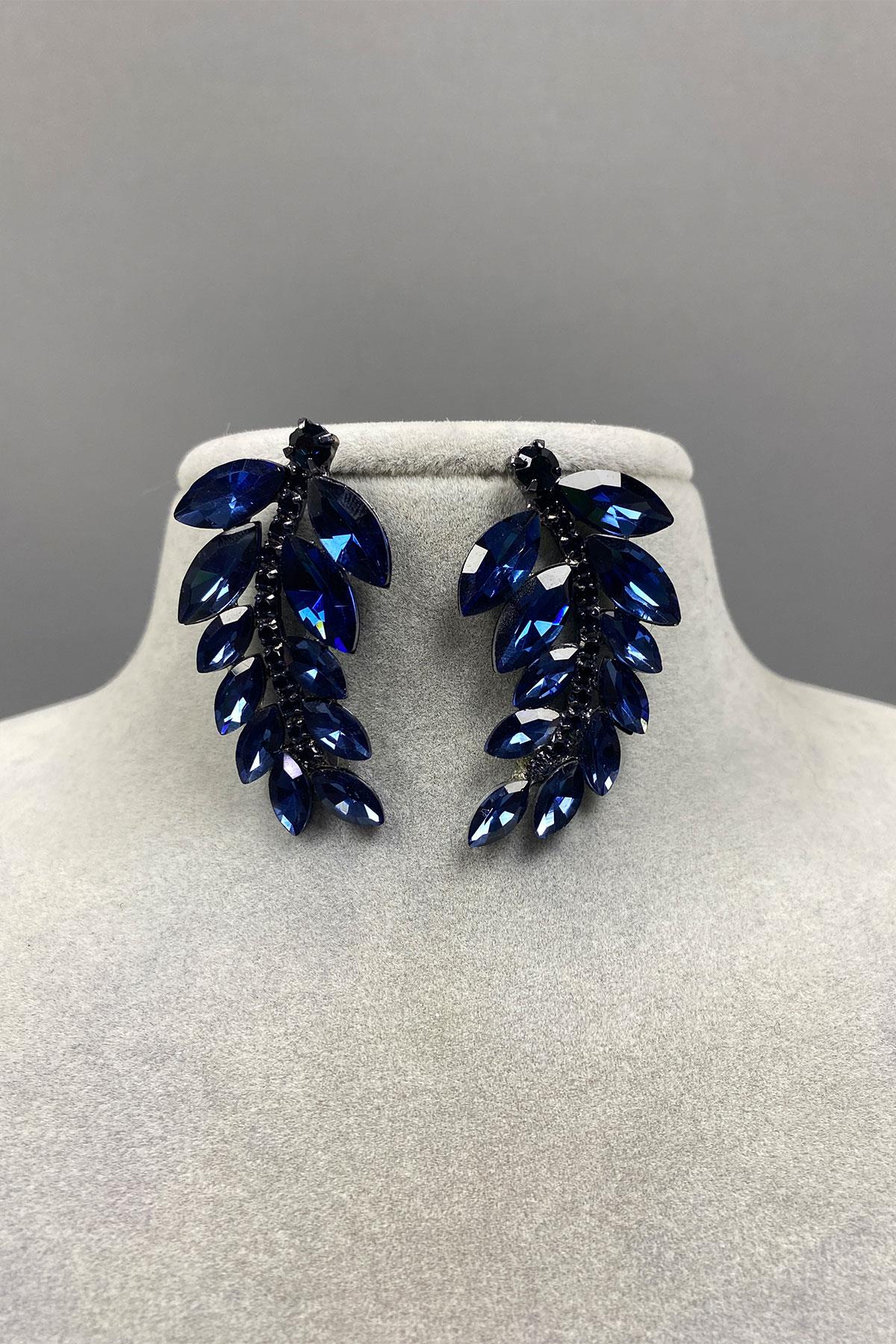 Lacivert Yaprak Desen Ela Abiye Taşlı Gelin Küpesi