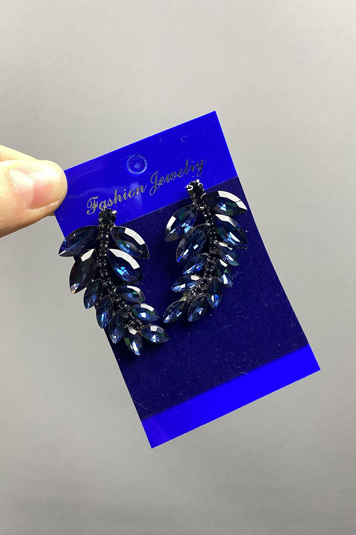 Lacivert Yaprak Desen Ela Abiye Taşlı Gelin Küpesi