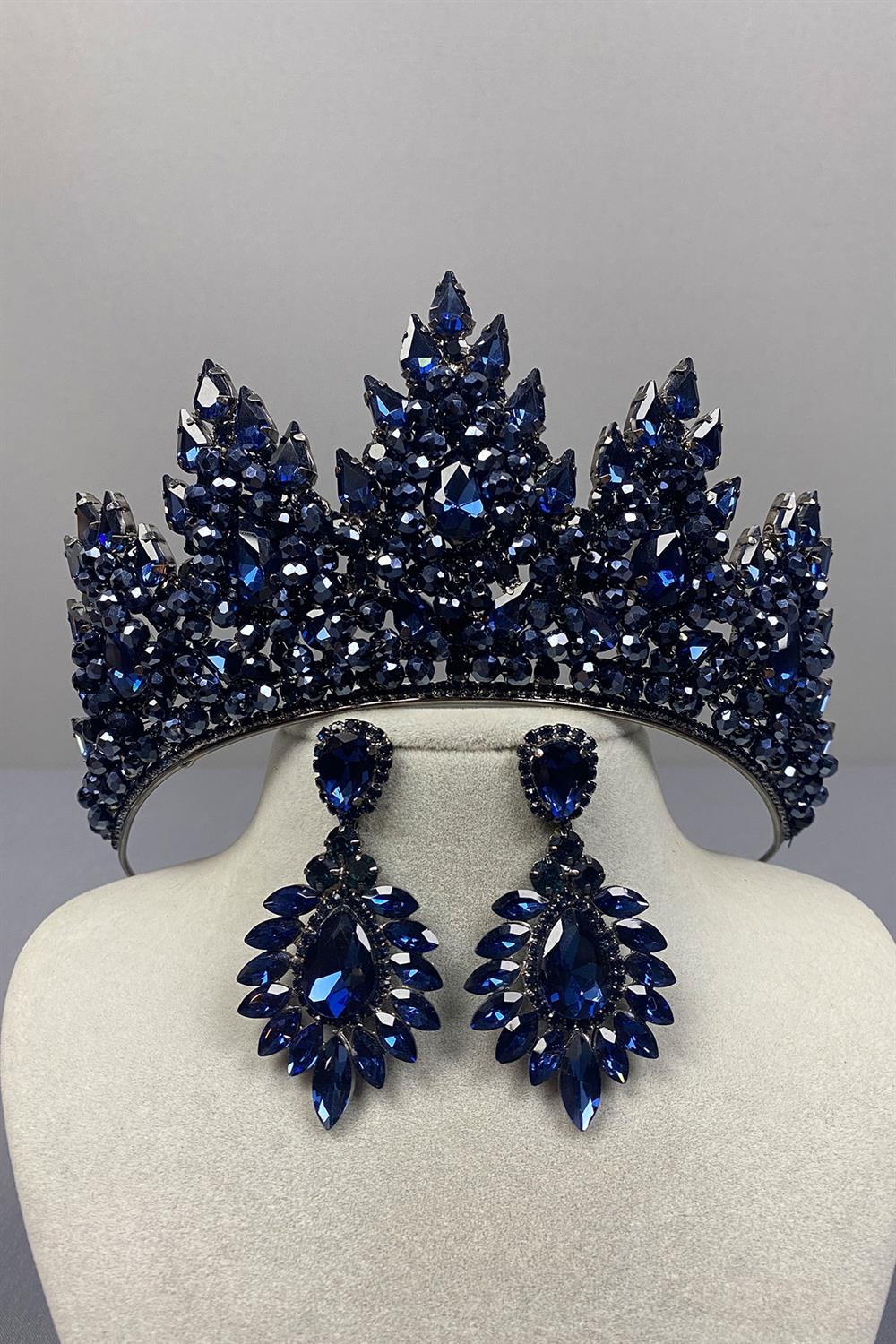 Lotus Boncuk İşlemeli Gelin Kına Tacı Ve Damla Mekikli Küpe Seti