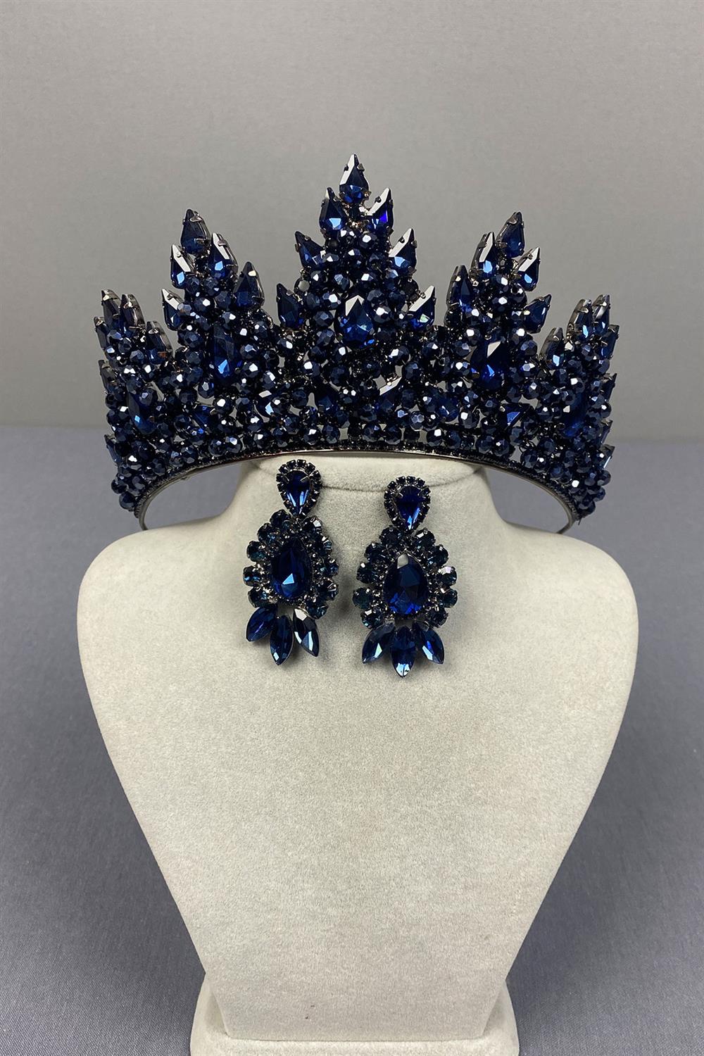 Lotus Boncuk İşlemeli Gelin Kına Tacı Ve Damla Mekikli Küpe Seti