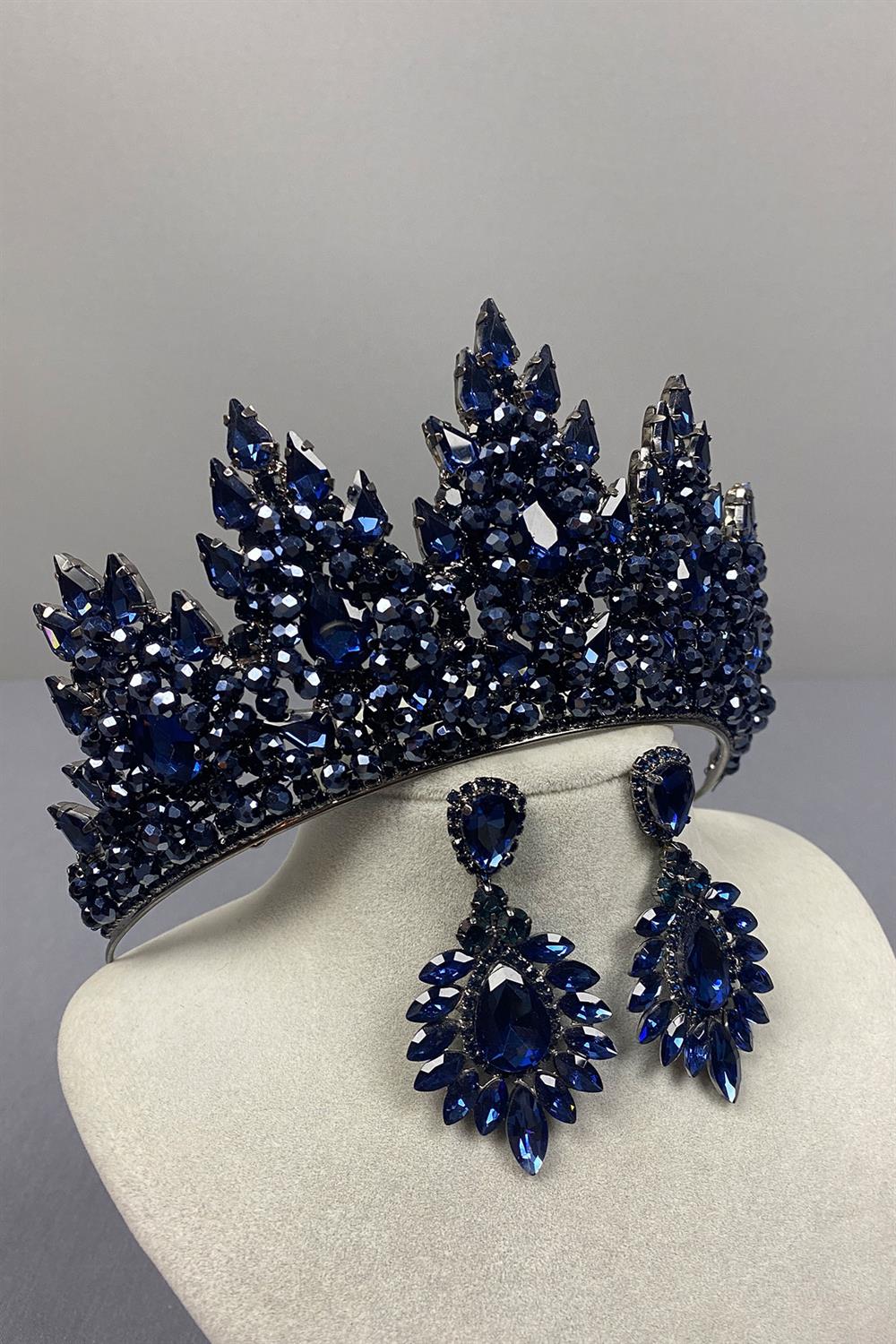 Lotus Boncuk İşlemeli Gelin Kına Tacı Ve Damla Mekikli Küpe Seti