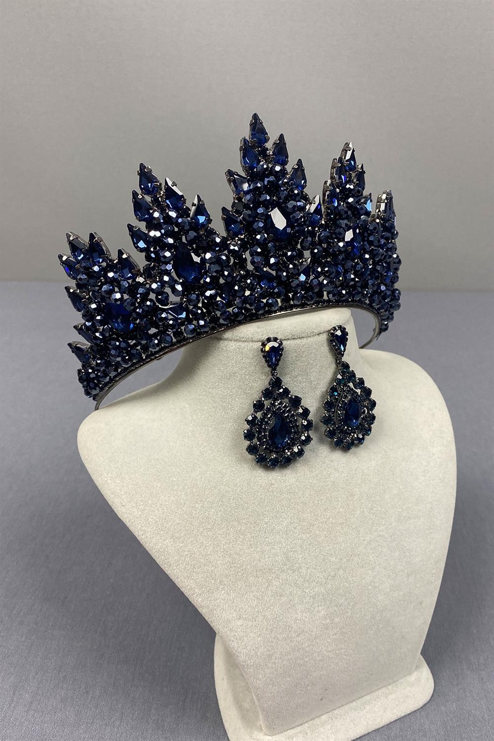 Lotus Boncuk İşlemeli Gelin Kına Tacı Ve Damla Mekikli Küpe Seti