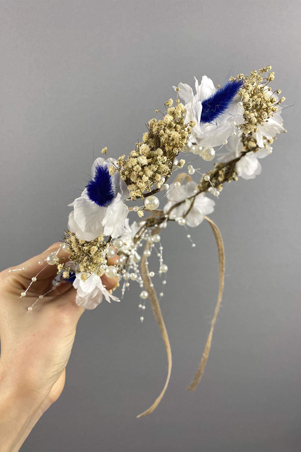 Mavi  Bahar Dalı İncili Ve Cipsolu Dış Çekim Gelin Tacı