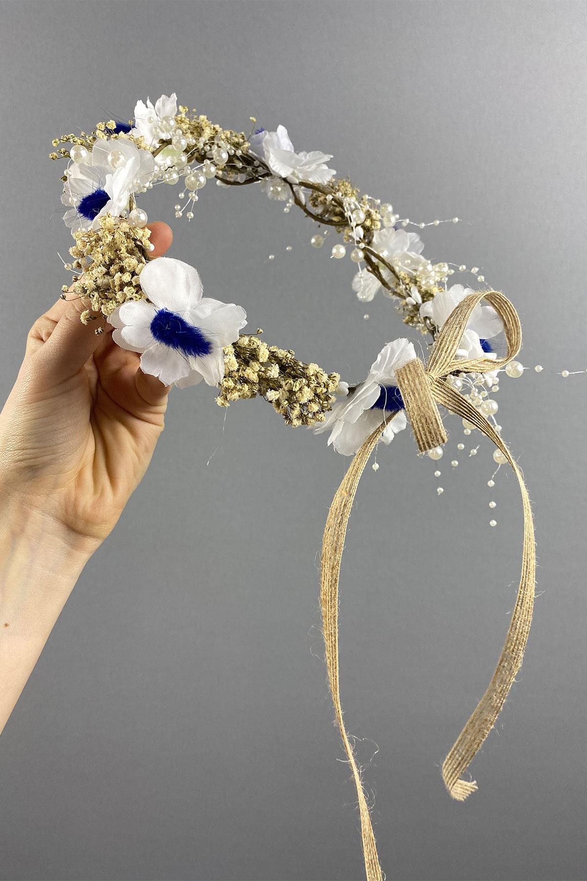 Mavi  Bahar Dalı İncili Ve Cipsolu Dış Çekim Gelin Tacı