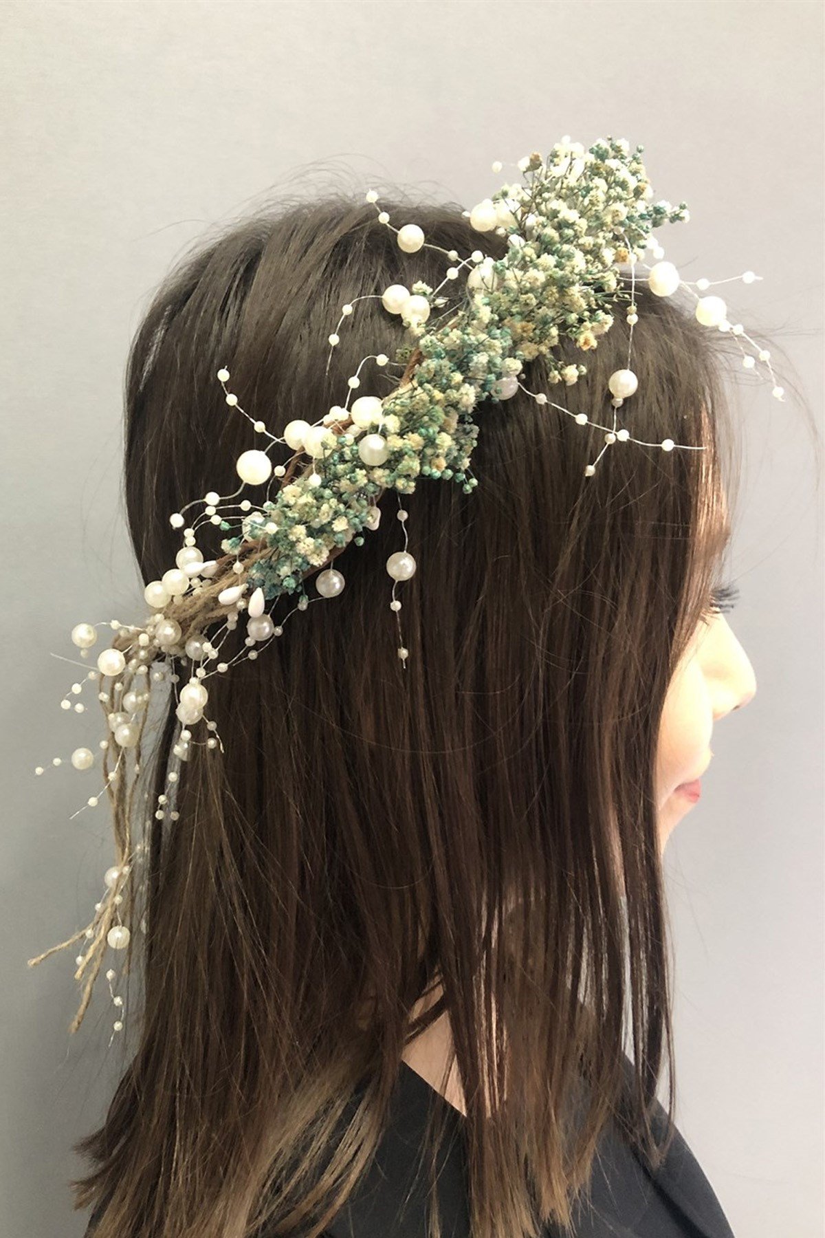 Mavi Cipsolu İncili Kuru Çiçekli Taç