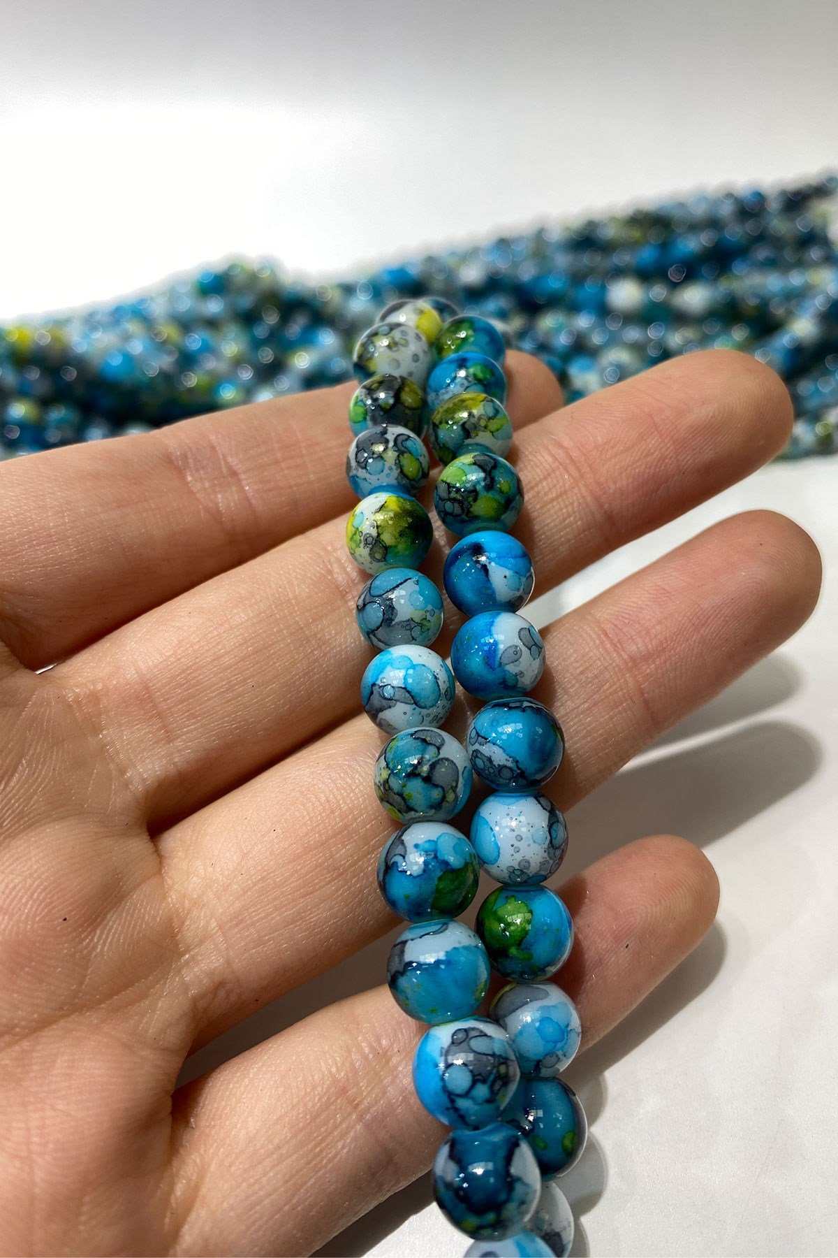 Mavi Desenli Dizi Cam Boncuk 8 mm