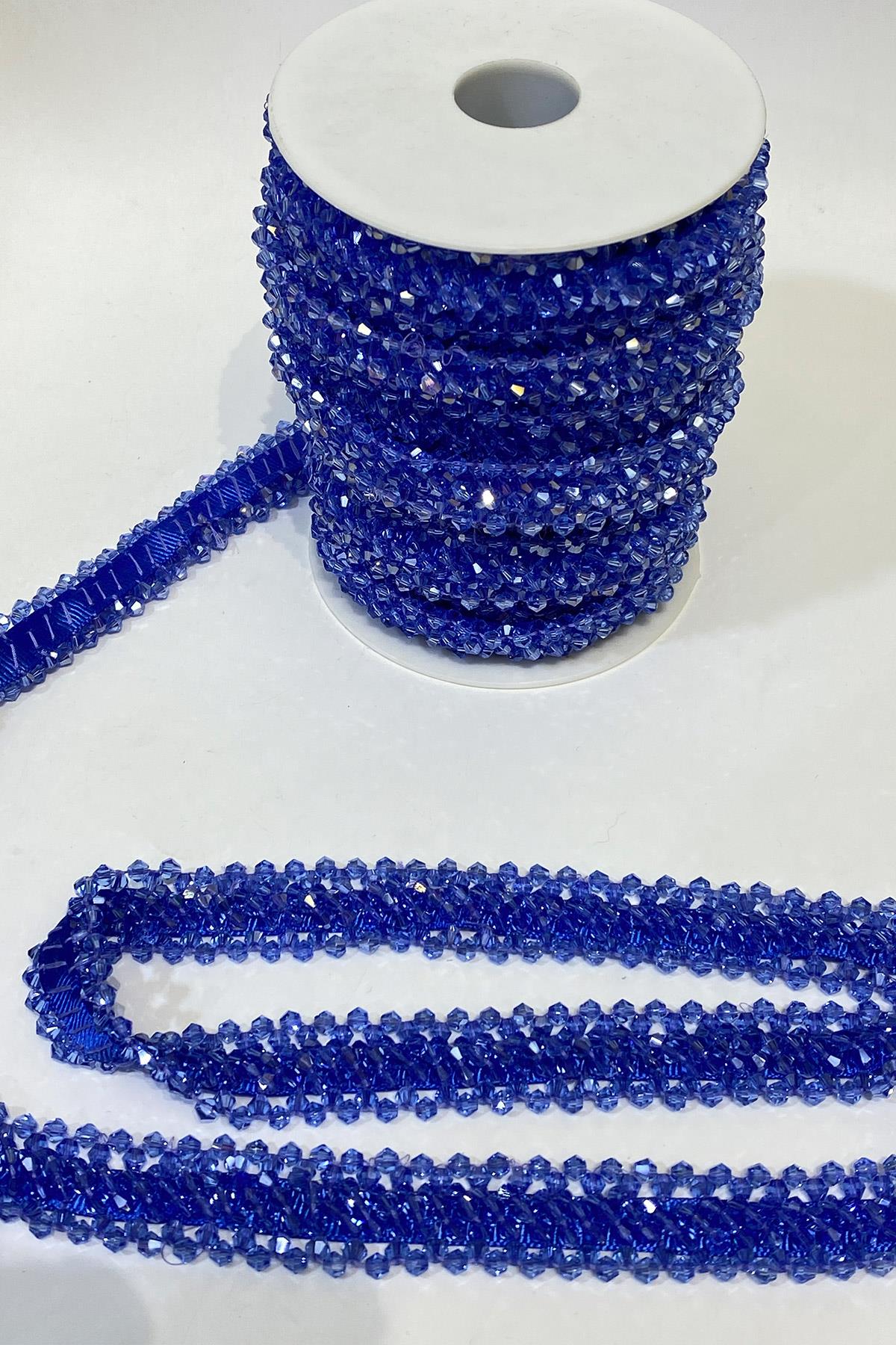 Mavi Geniş Kristal Boncuklu İşlemeli Şerit