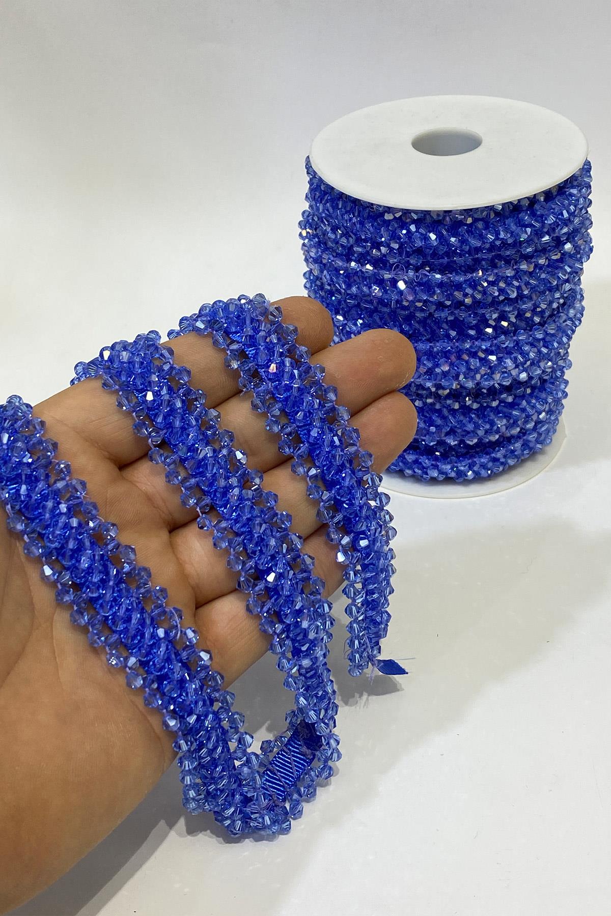 Mavi Geniş Kristal Boncuklu İşlemeli Şerit