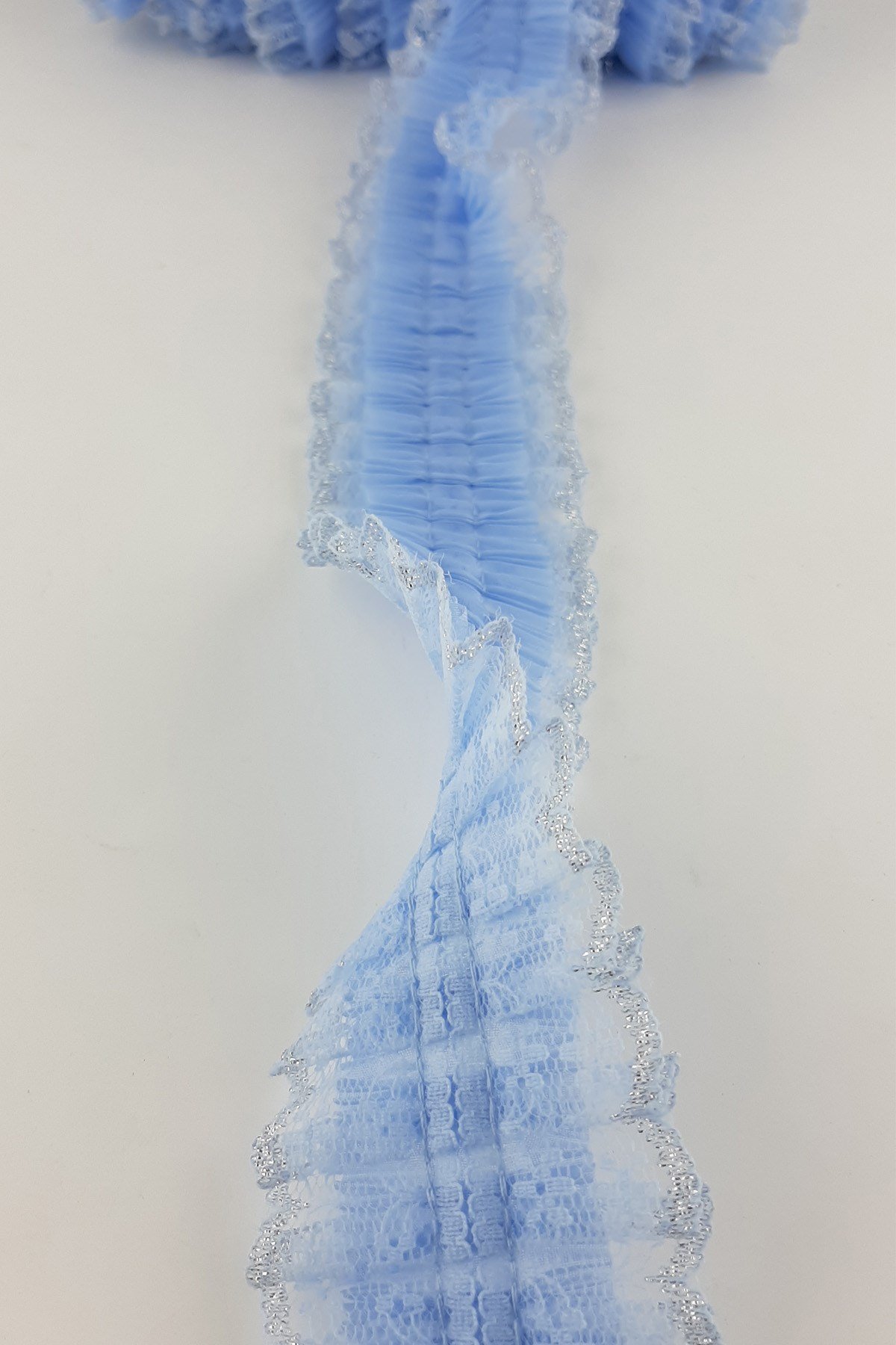 Mavi Gümüş Sim Dantelli Plise Fırfır