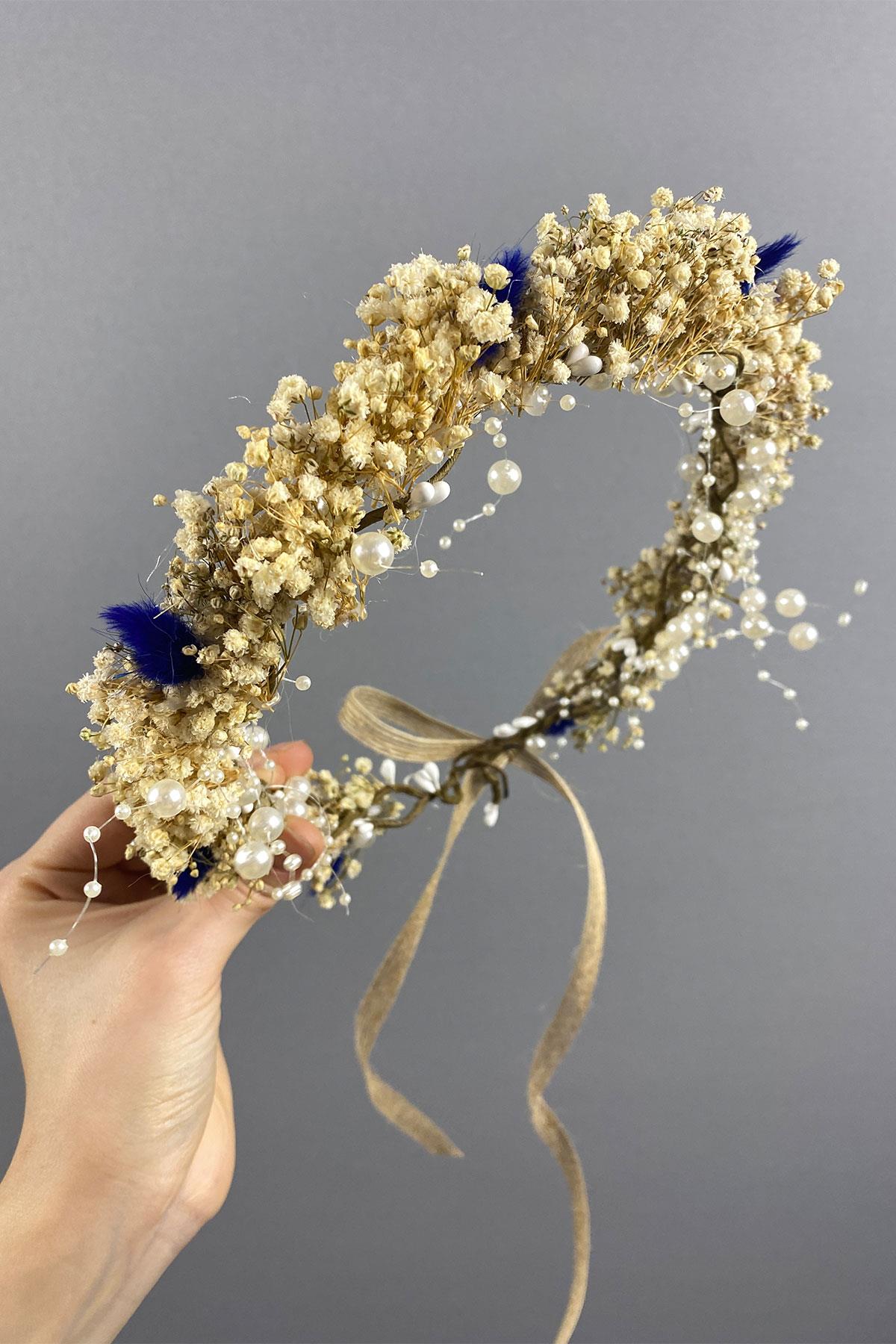 Mavi Krem Cipsolu İncili Ve Pamuk Otlu Gelin Dış Çekim Tacı