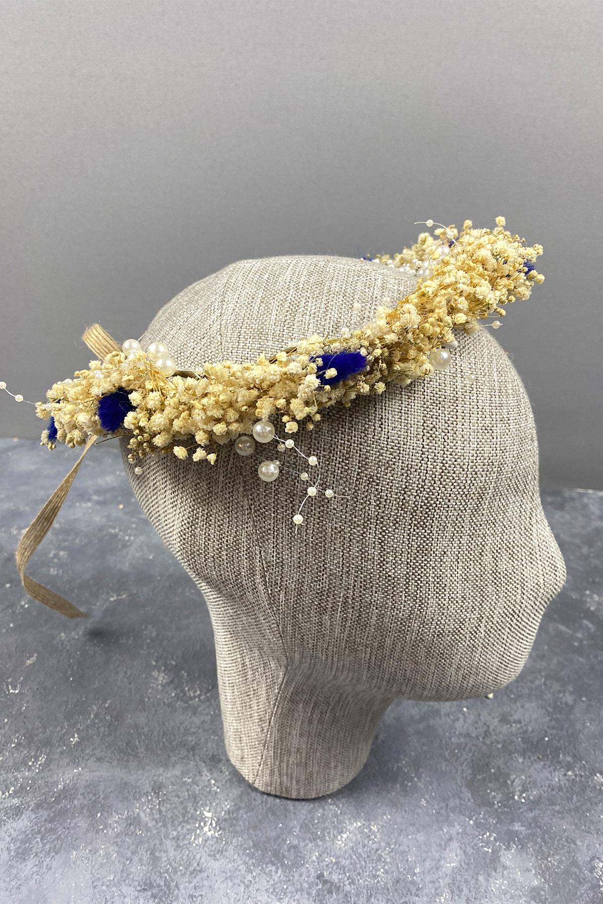 Mavi Krem Cipsolu İncili Ve Pamuk Otlu Gelin Dış Çekim Tacı