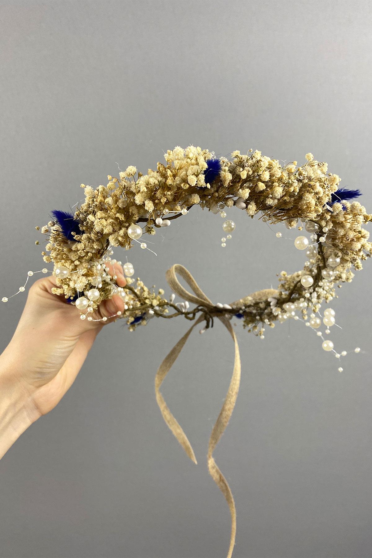 Mavi Krem Cipsolu İncili Ve Pamuk Otlu Gelin Dış Çekim Tacı