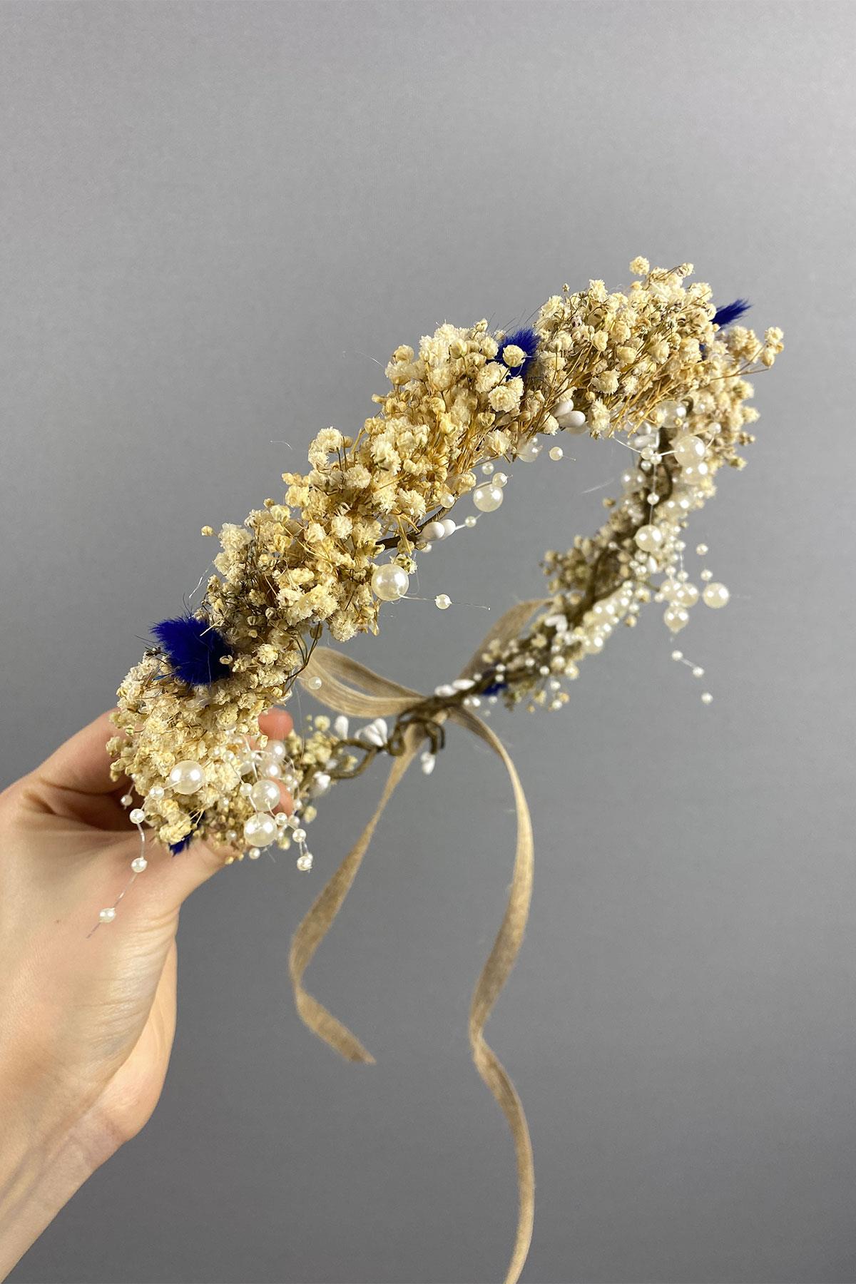 Mavi Krem Cipsolu İncili Ve Pamuk Otlu Gelin Dış Çekim Tacı