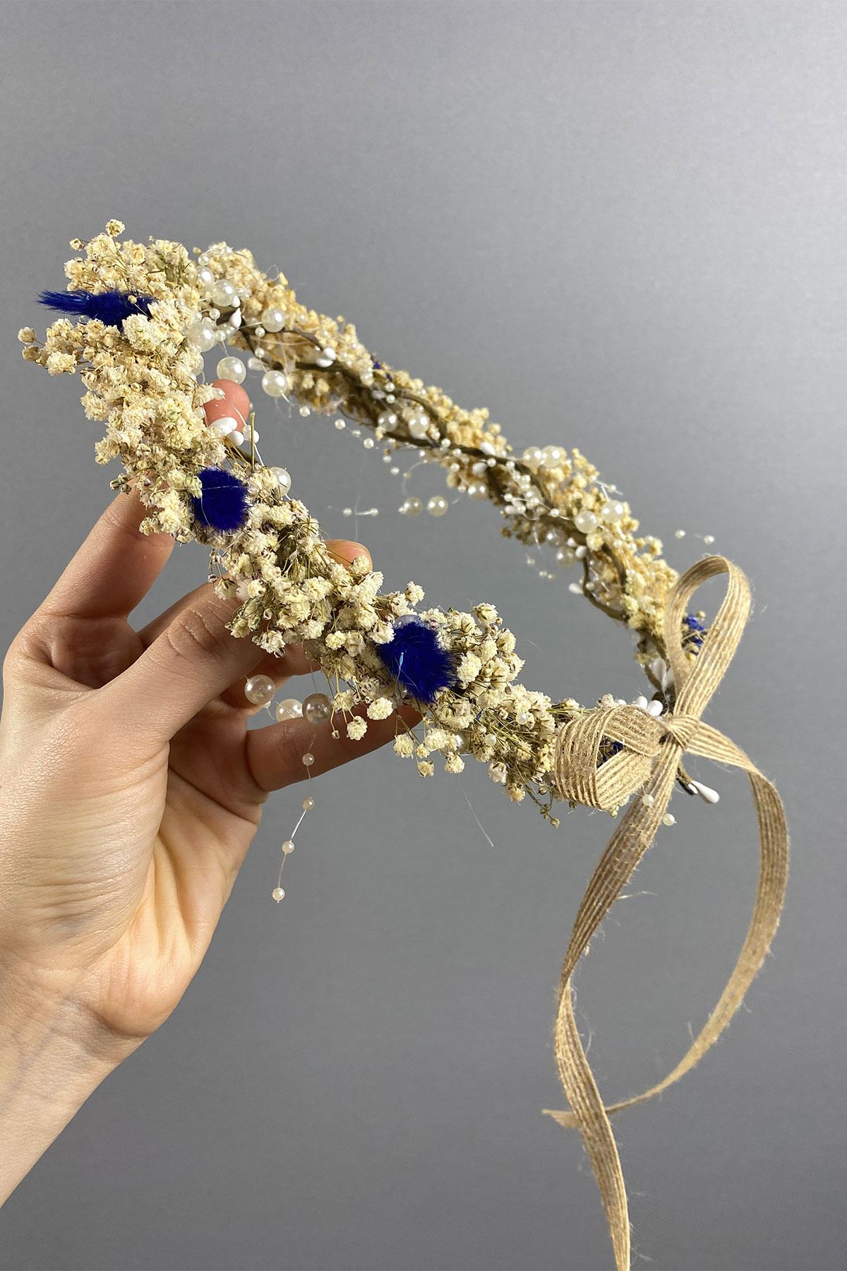 Mavi Krem Cipsolu İncili Ve Pamuk Otlu Gelin Dış Çekim Tacı