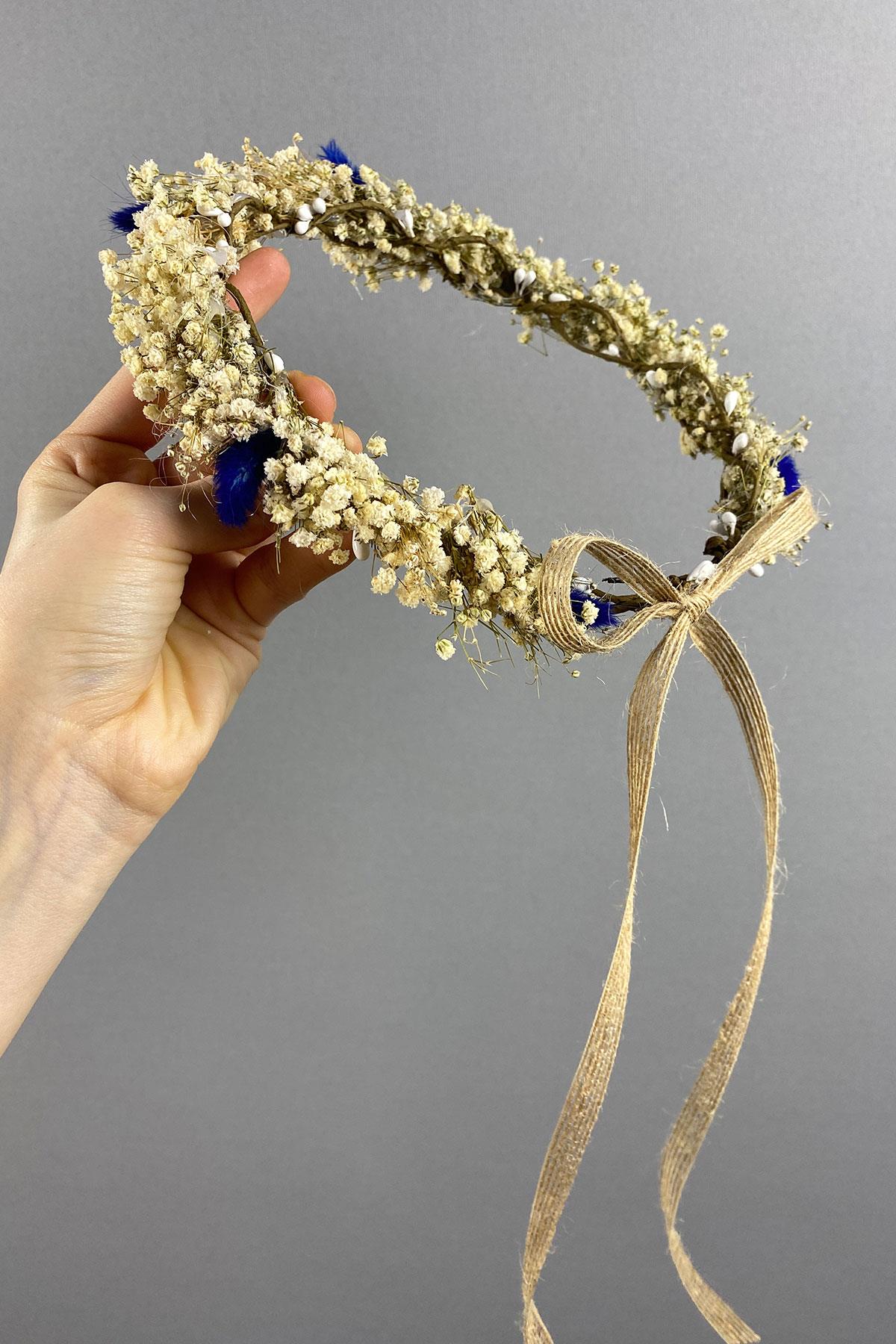 Mavi Krem Cipsolu Ve Pamuk Otlu Gelin Dış Çekim Tacı