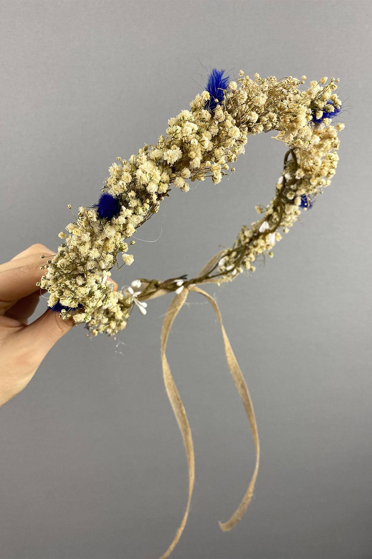 Mavi Krem Cipsolu Ve Pamuk Otlu Gelin Dış Çekim Tacı