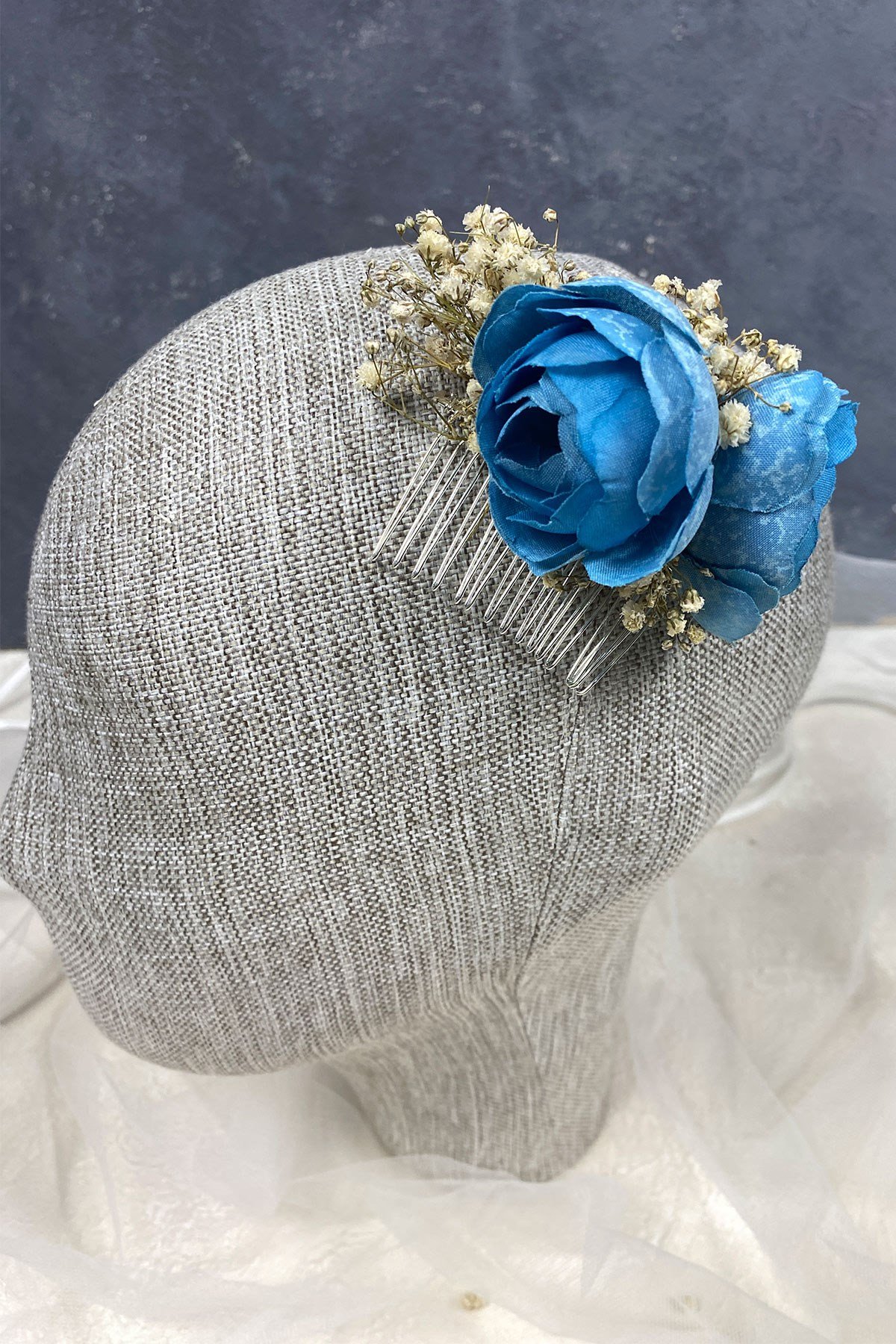 Mavi Şakayık Çiçekli Cipsolu Taraklı Saç Tokası