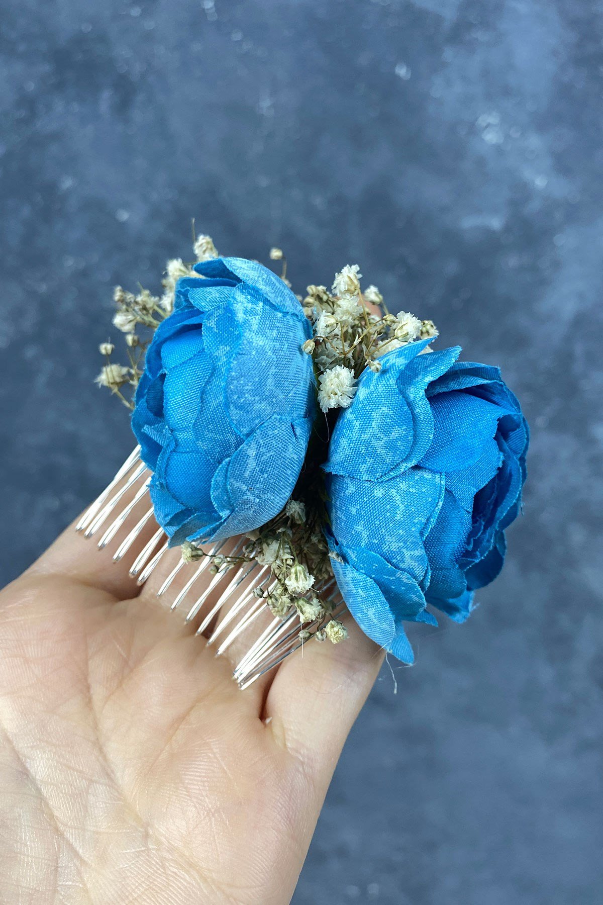 Mavi Şakayık Çiçekli Cipsolu Taraklı Saç Tokası