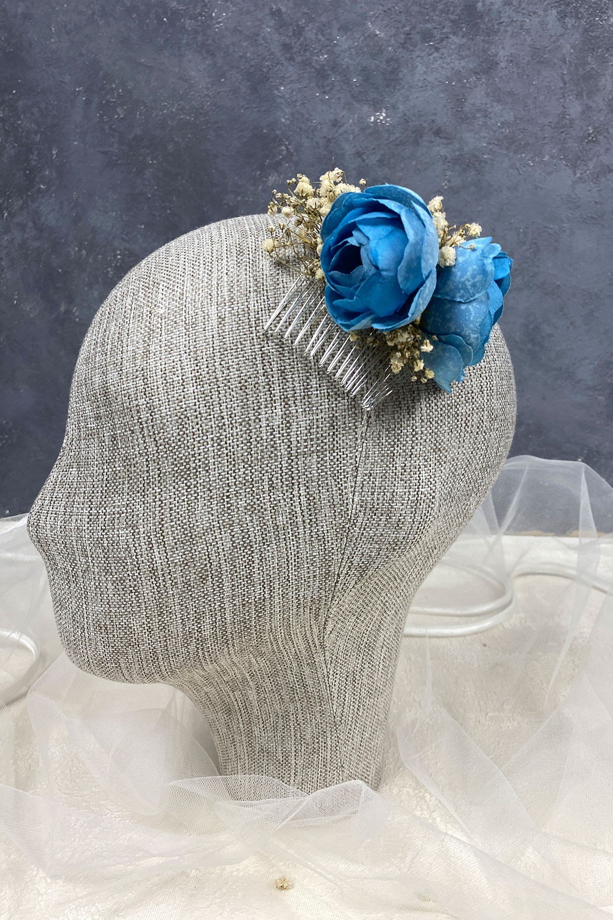 Mavi Şakayık Çiçekli Cipsolu Taraklı Saç Tokası