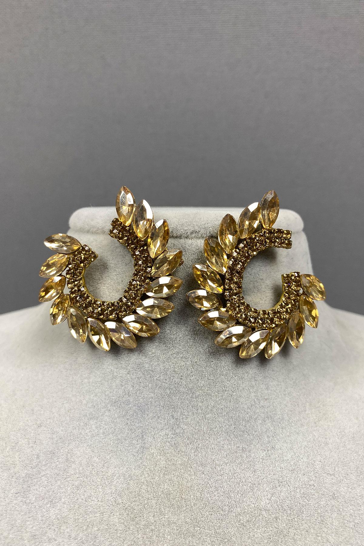 Mekik Hera Yaprak Desen Taşlı Abiye Küpe