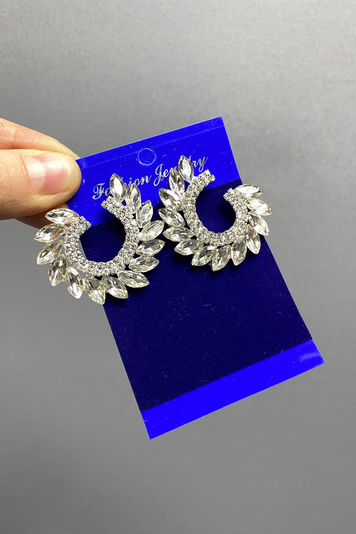 Mekik Hera Yaprak Desen Taşlı Abiye Küpe