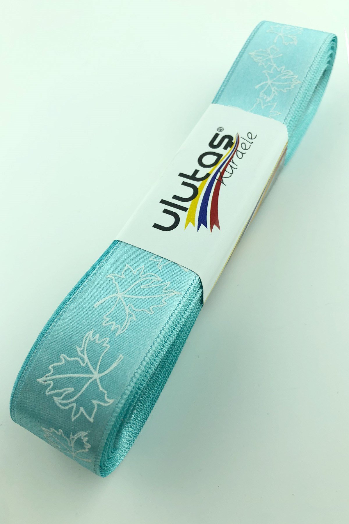 Mint Yeşili Yaprak Baskılı Saten Kurdele 2,5 cm