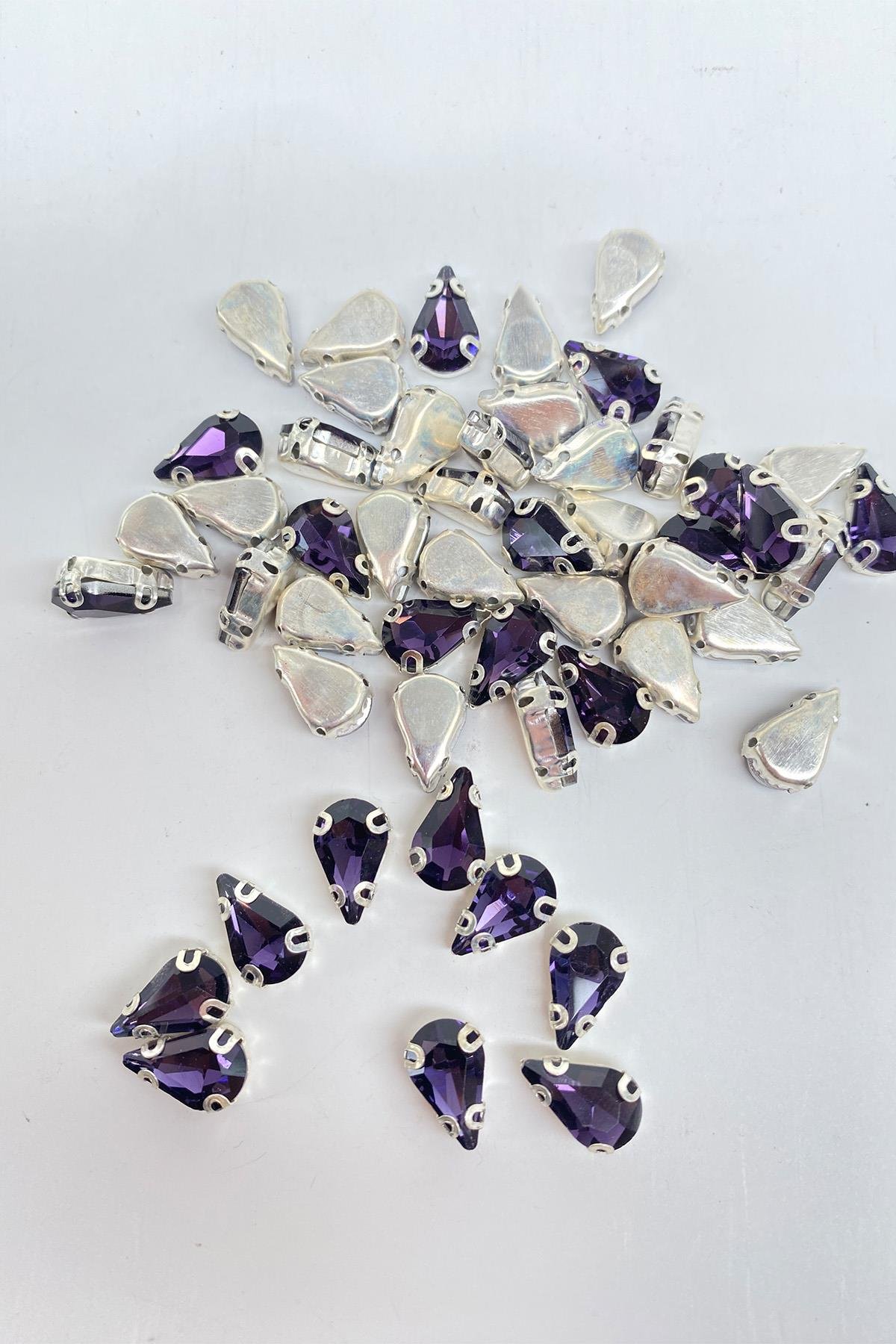 Mor Kasalı Dikme Parlak Cam Damla Boncuk 10 Adet