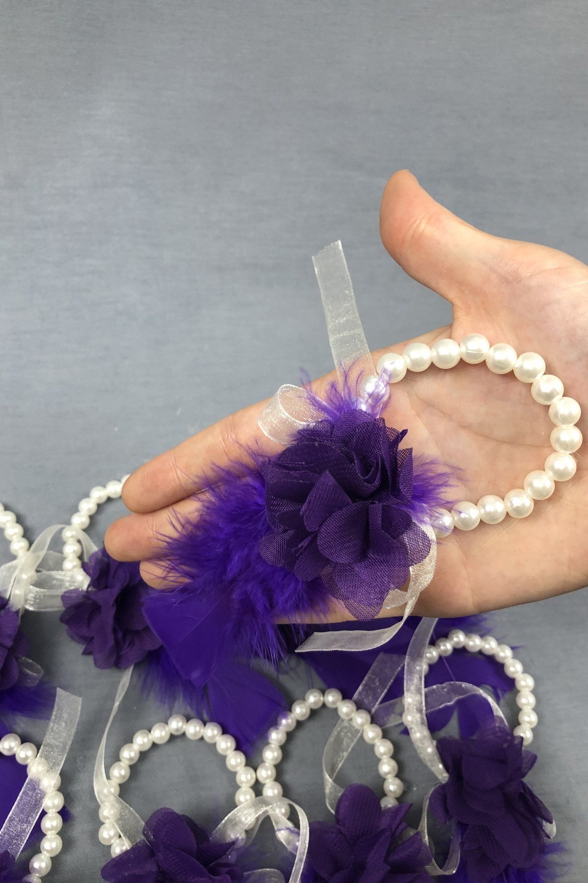 Mor Lazer Çiçekli Nedime Bileklik Seti