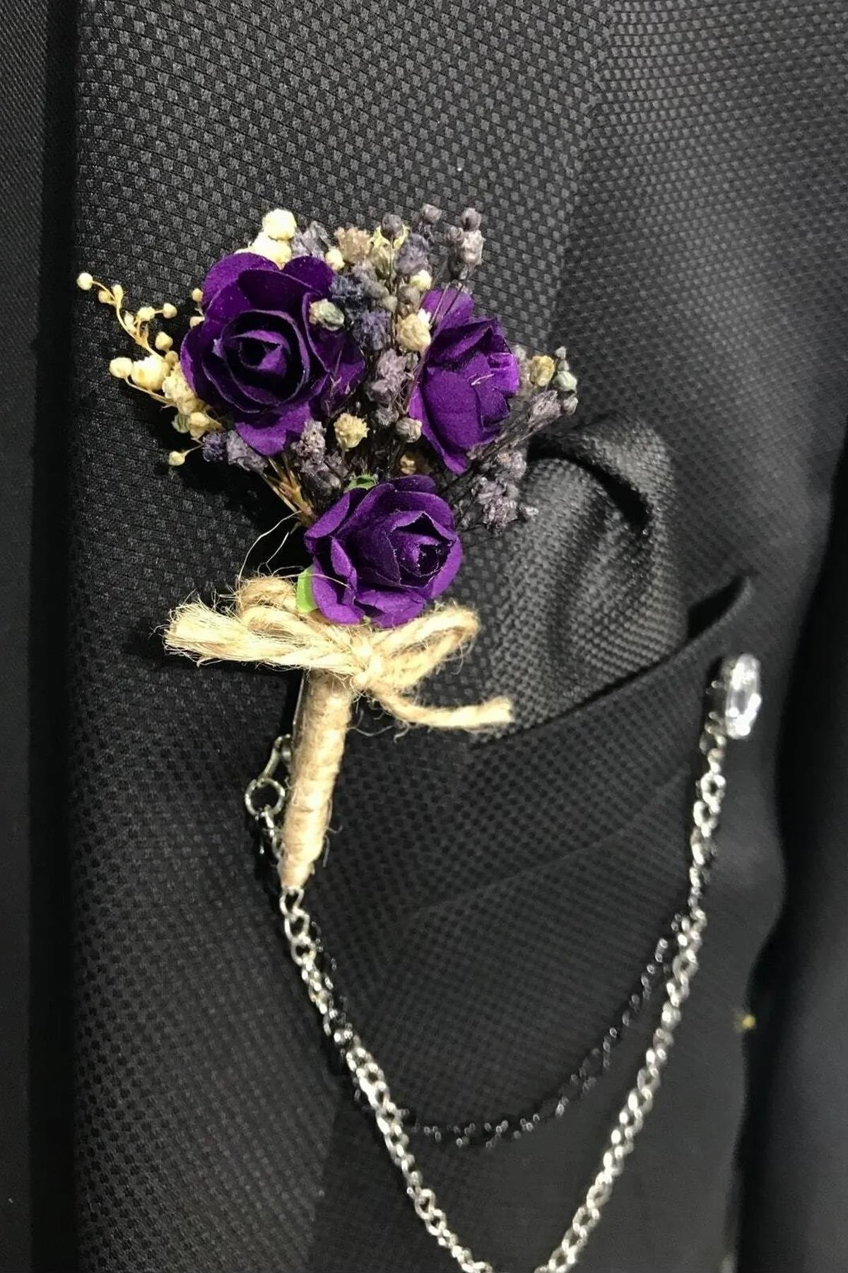 Mor Yaka Çiçeği Damat ve Sağdıç Yaka Çiçeği 10 Adet