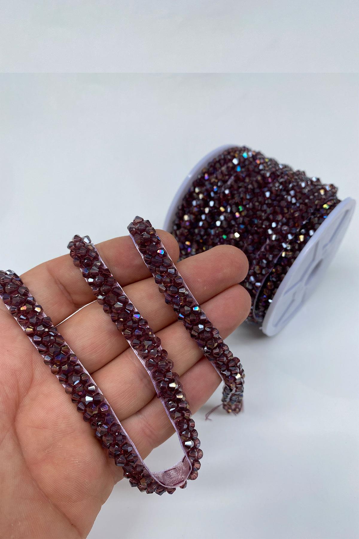 Mürdüm Kristal Boncuk İşlemeli Şerit