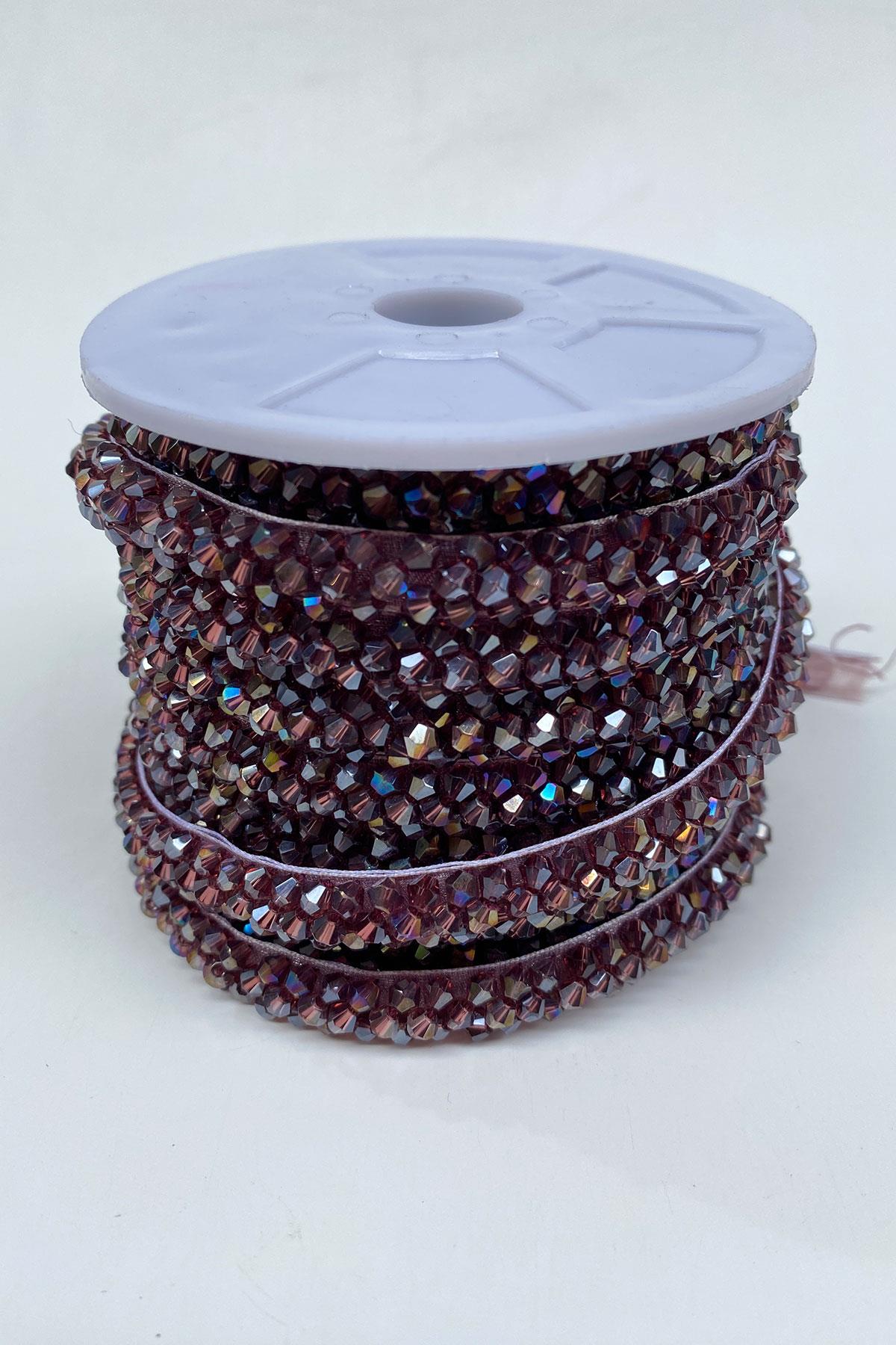 Mürdüm Kristal Boncuk İşlemeli Şerit