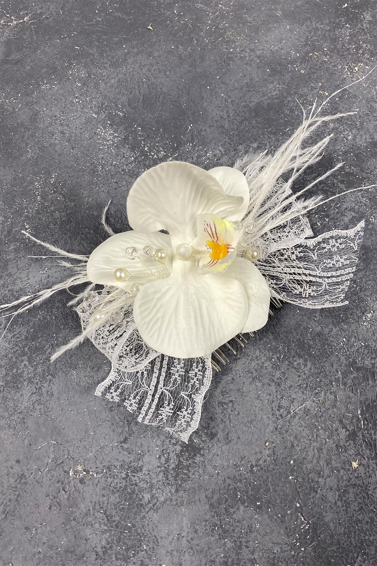 Orkide Boncuklu Ve Tüylü Taraklı Dış Çekim Gelin Saç Tokası