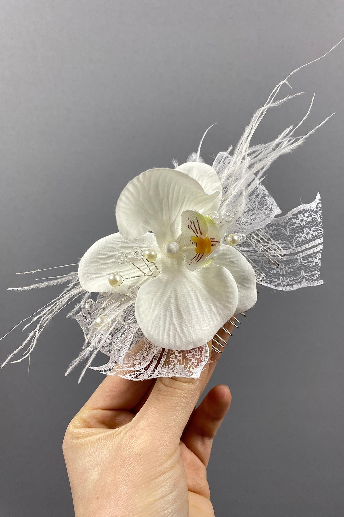 Orkide Boncuklu Ve Tüylü Taraklı Dış Çekim Gelin Saç Tokası