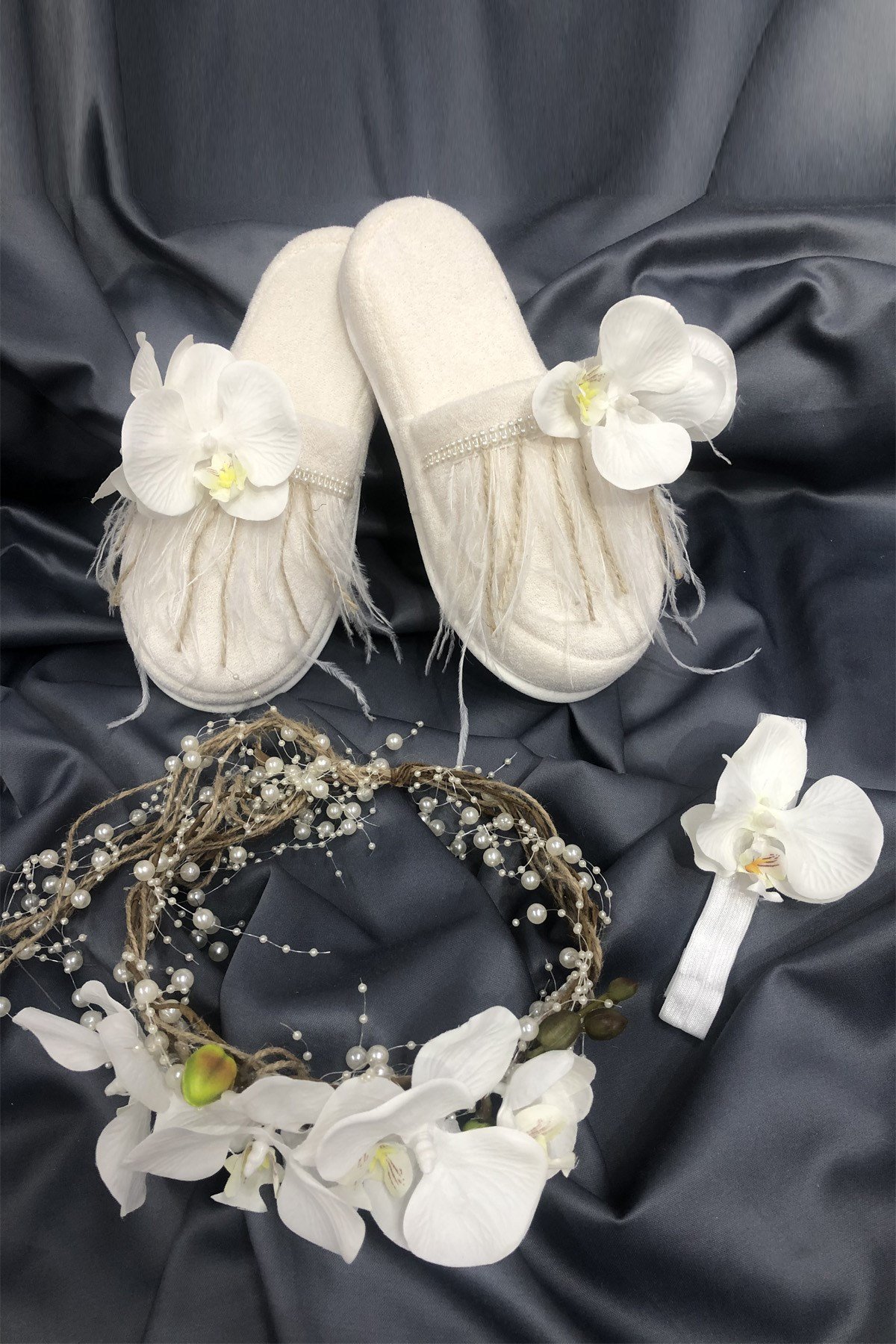 Orkideli Hasırlı Taç ve Terlik Takımı