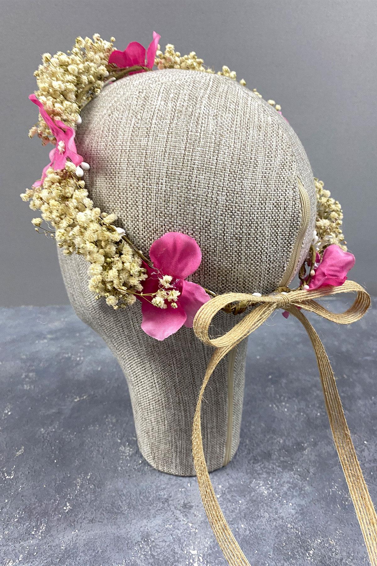 Ortanca Ve Şoklanmış Cipso Kuru Çiçekli Dış Çekim Gelin Tacı