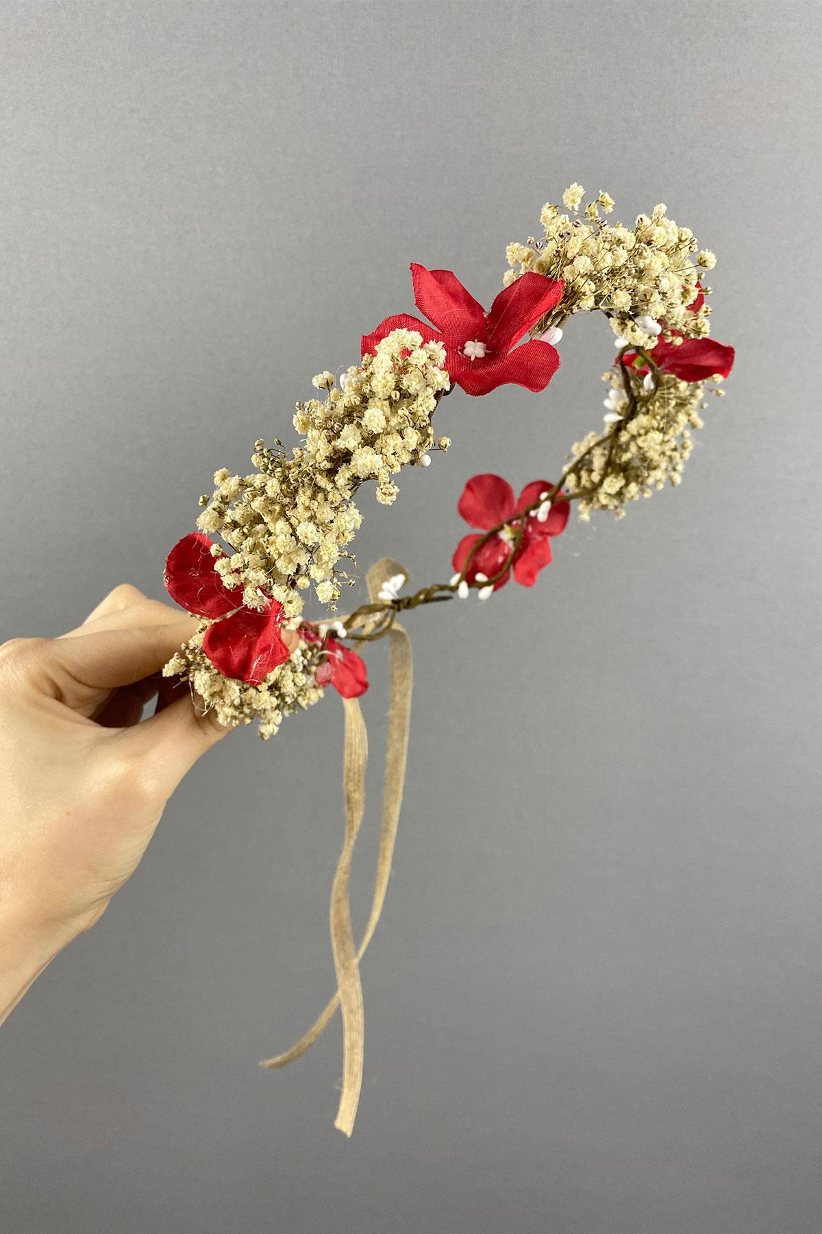 Ortanca Ve Şoklanmış Cipso Kuru Çiçekli Dış Çekim Gelin Tacı