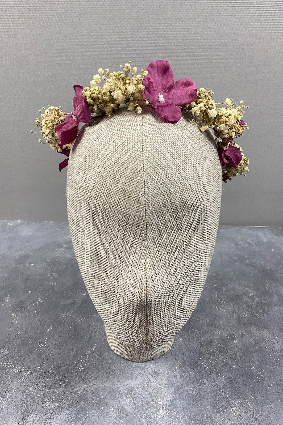 Ortanca Ve Şoklanmış Cipso Kuru Çiçekli Dış Çekim Gelin Tacı