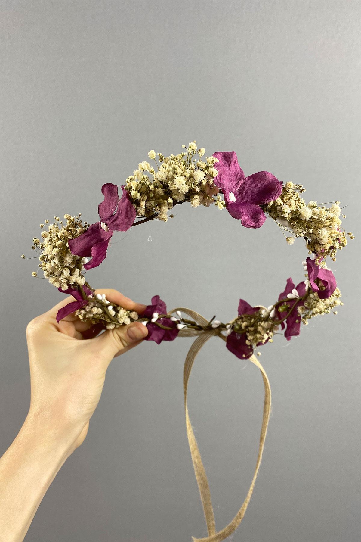 Ortanca Ve Şoklanmış Cipso Kuru Çiçekli Dış Çekim Gelin Tacı