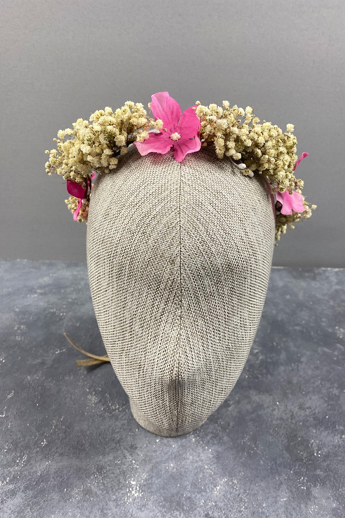 Ortanca Ve Şoklanmış Cipso Kuru Çiçekli Dış Çekim Gelin Tacı