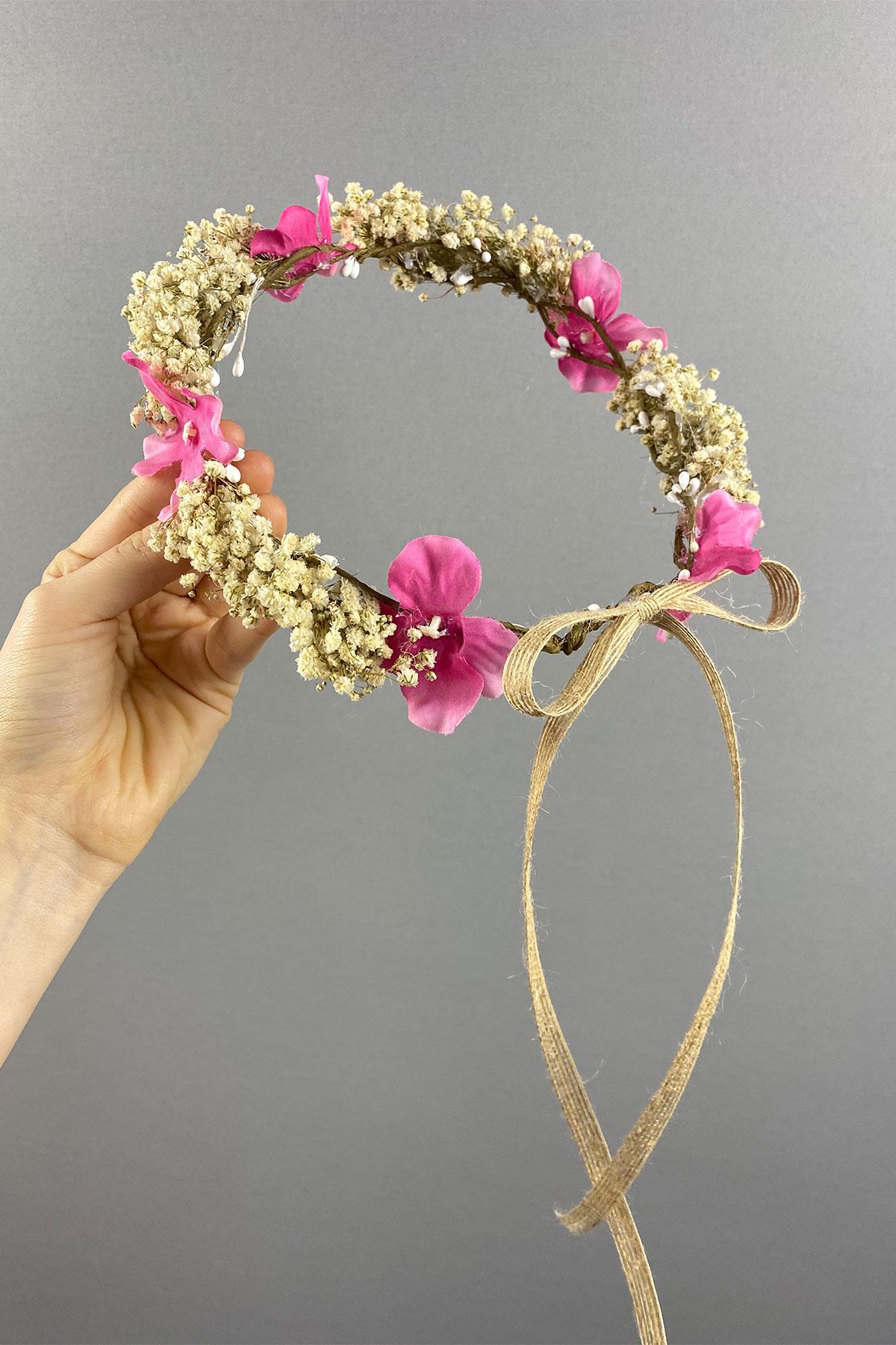 Ortanca Ve Şoklanmış Cipso Kuru Çiçekli Dış Çekim Gelin Tacı