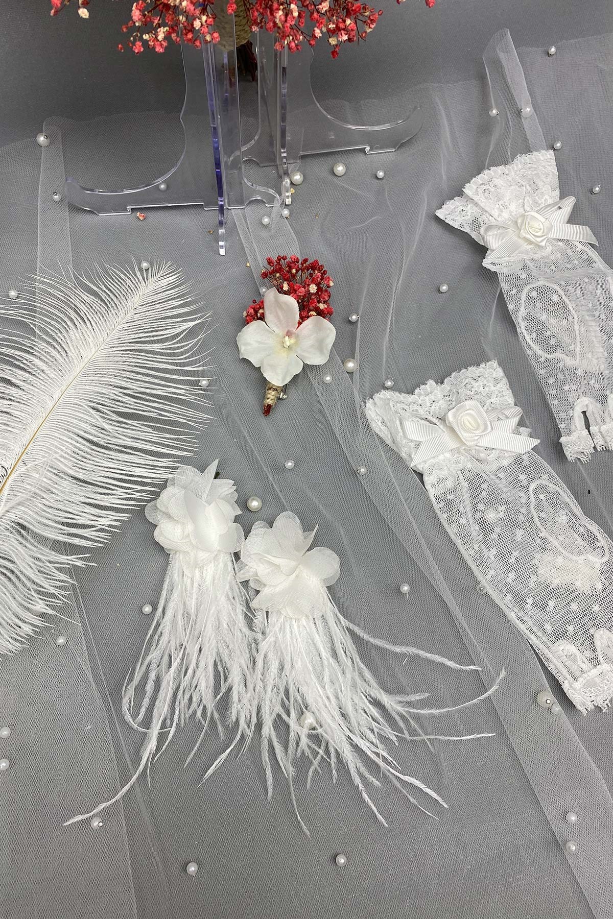 Ortancalı Gelin Buketi,Nikah Şapkası ve Gelin Eldiveni Seti