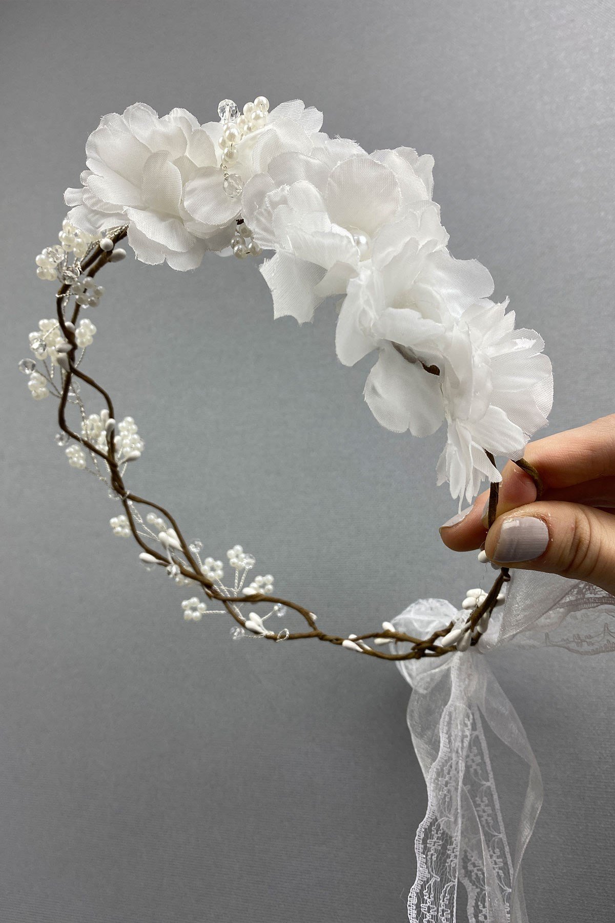 Özel Tasarım El Yapımı İncili ve Çiçekli Gelin Tacı ve Saç Aksesuarı