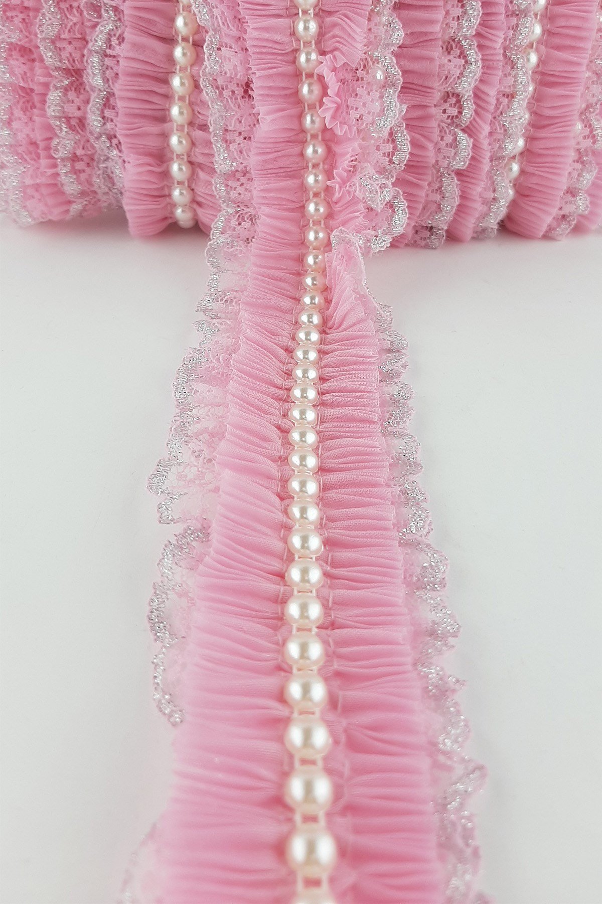 Pembe İncili Sim Dantel Plise Fırfır