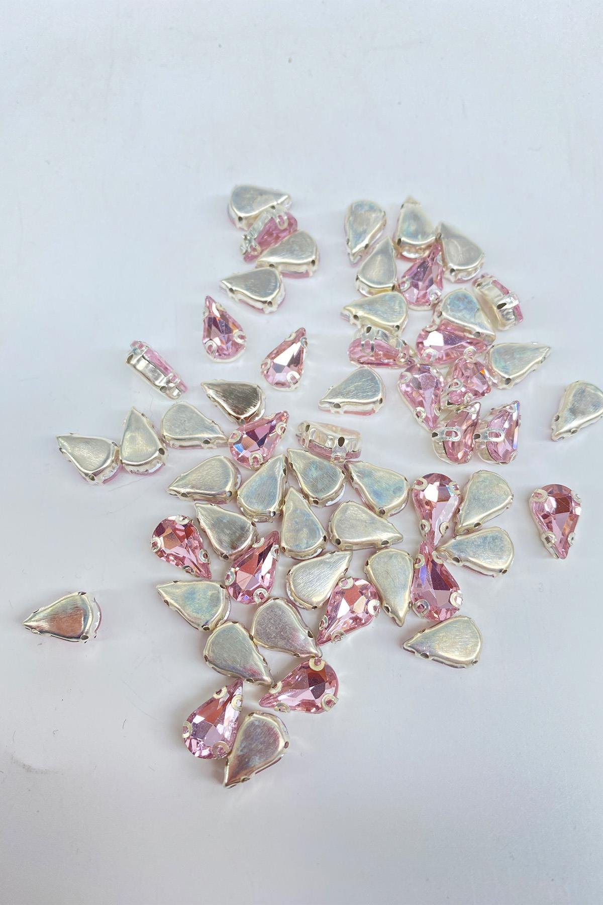 Pembe Kasalı Dikme Parlak Cam Damla Boncuk 10 Adet