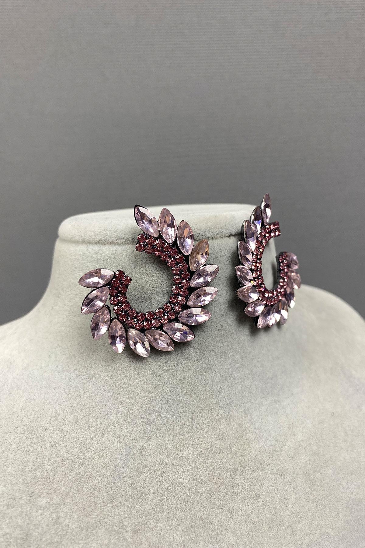 Pembe Mekik Hera Yaprak Desen Taşlı Abiye Küpe