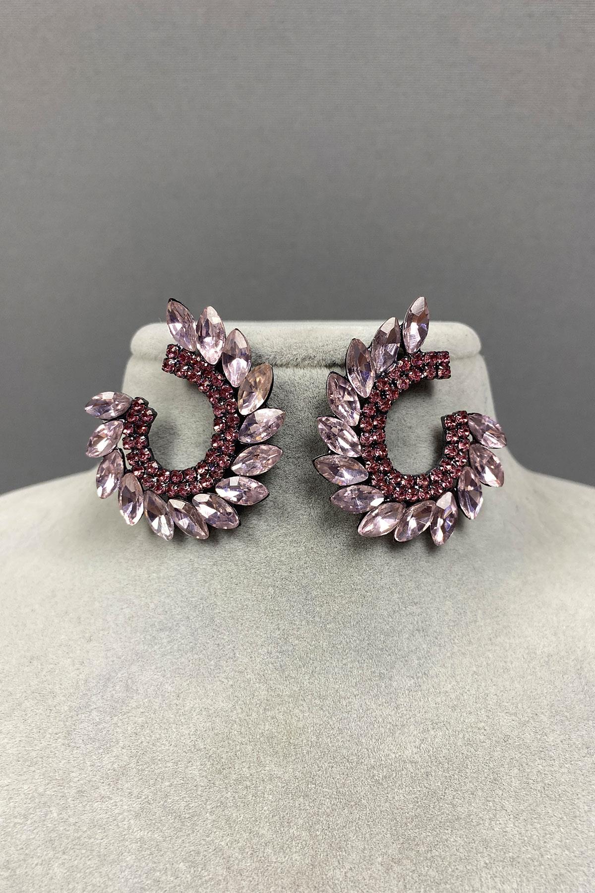 Pembe Mekik Hera Yaprak Desen Taşlı Abiye Küpe