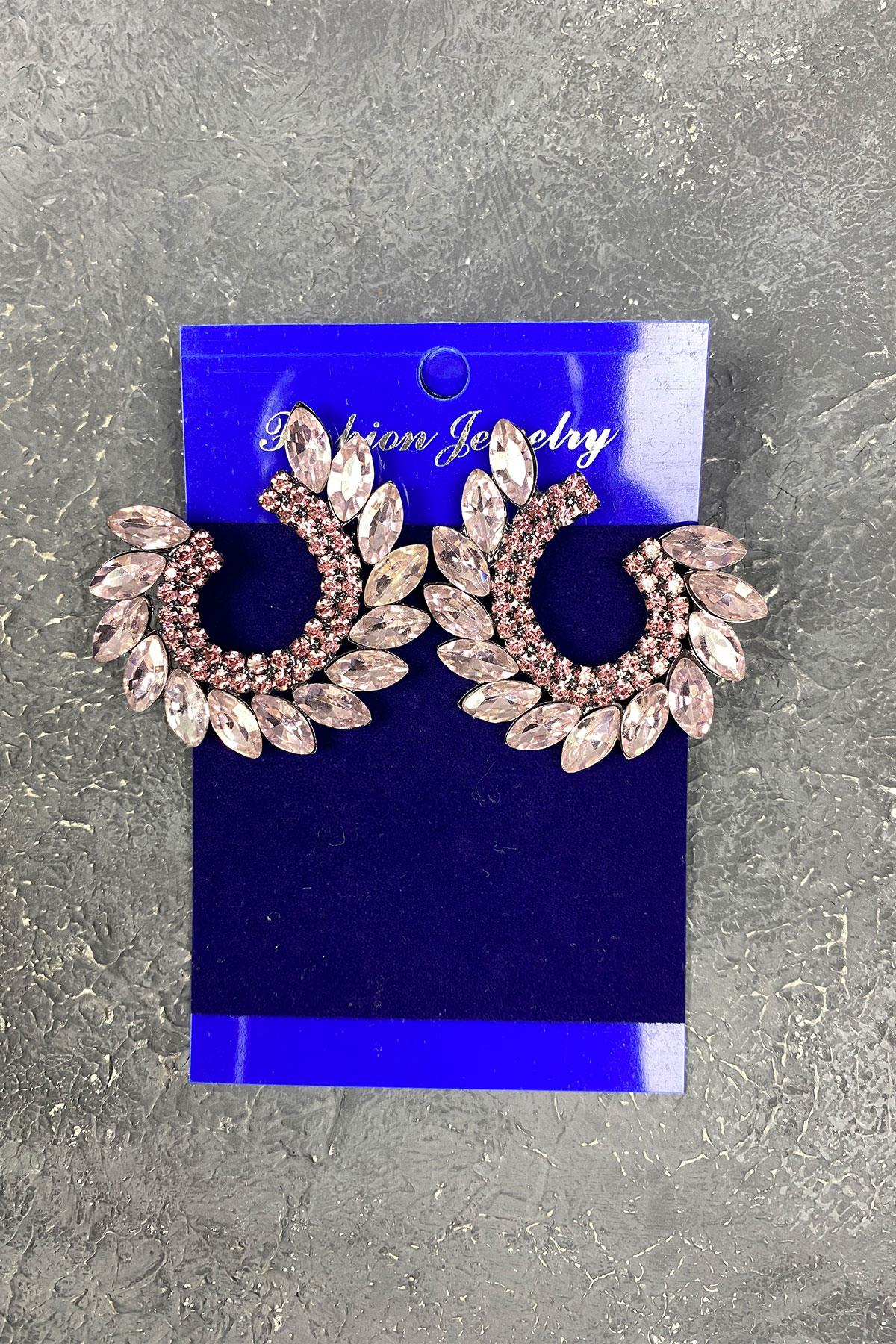 Pembe Mekik Hera Yaprak Desen Taşlı Abiye Küpe