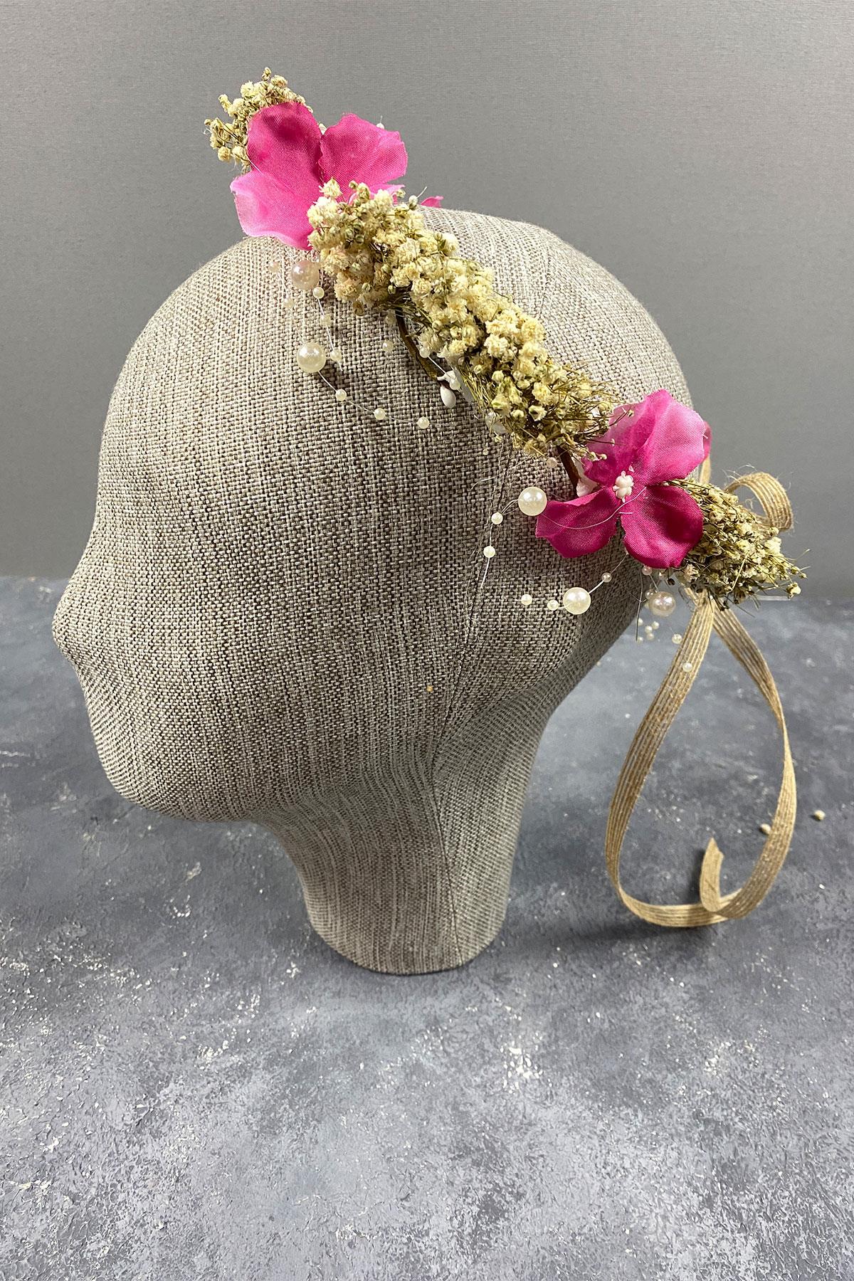 Pembe Ortanca Ve Şoklanmış Cipso Kuru Çiçekli İncili Gelin Tacı