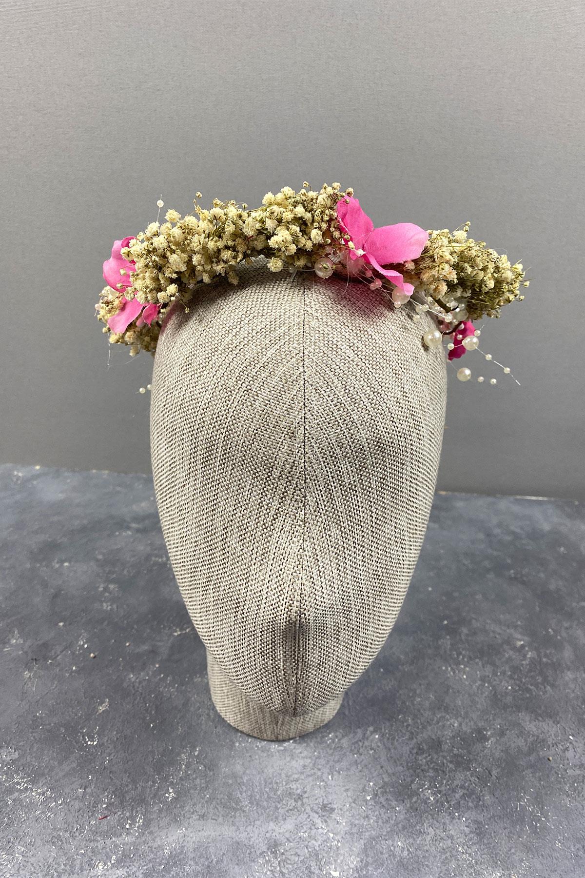 Pembe Ortanca Ve Şoklanmış Cipso Kuru Çiçekli İncili Gelin Tacı