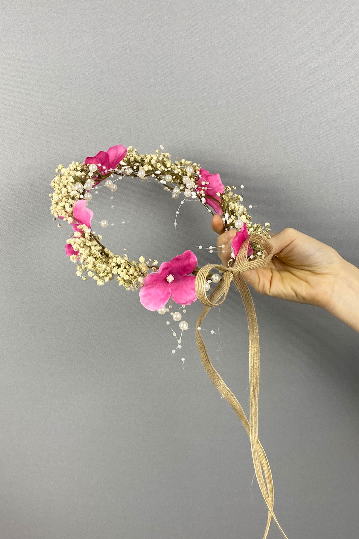 Pembe Ortancalı Kuru Çiçekli İncili Dış Çekim Gelin Saç Aksesuarı